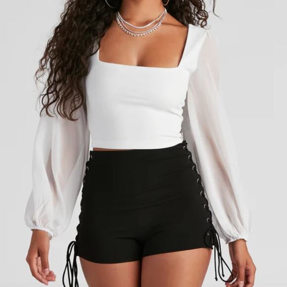 Windsor XS White Sheer Chiffon Long Sleeve Square Neck Crop Top Blouse - Picture 1 of 8